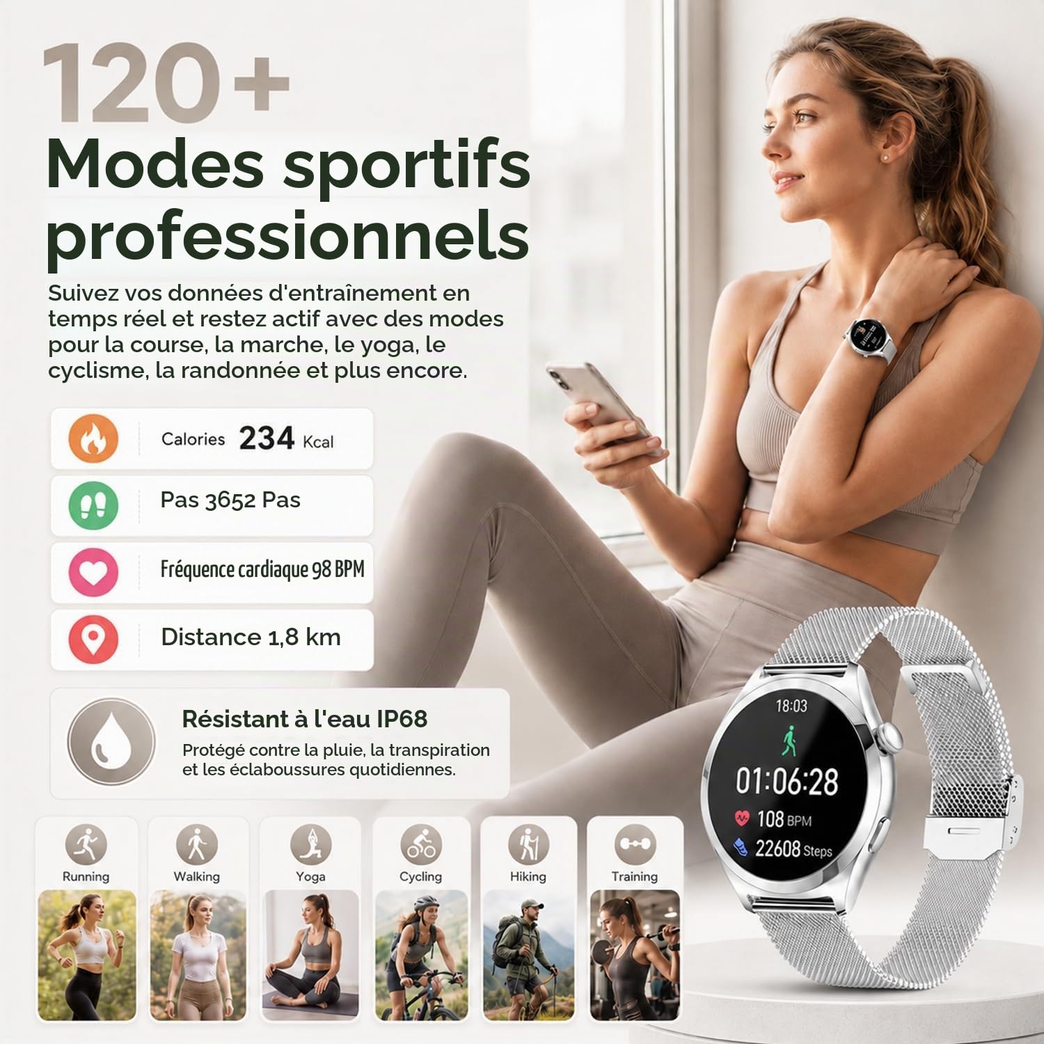 Montre Connectée Femme avec Appel Bluetooth, 1.27" HD Smartwatch avec Fréquence Cardiaque Sommeil SpO2, 100+ Modes Sportifs, Étanche IP68 Bracelet Fitness Podomètre pour Android iOS, Argenté