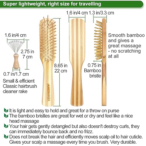 Miniatura 8 de Cepillo de pelo de bambú con herramienta limpiadora para mujeres y hombres, cabello rizado grueso, cerdas de bambú, cepillo de desenredado de paleta