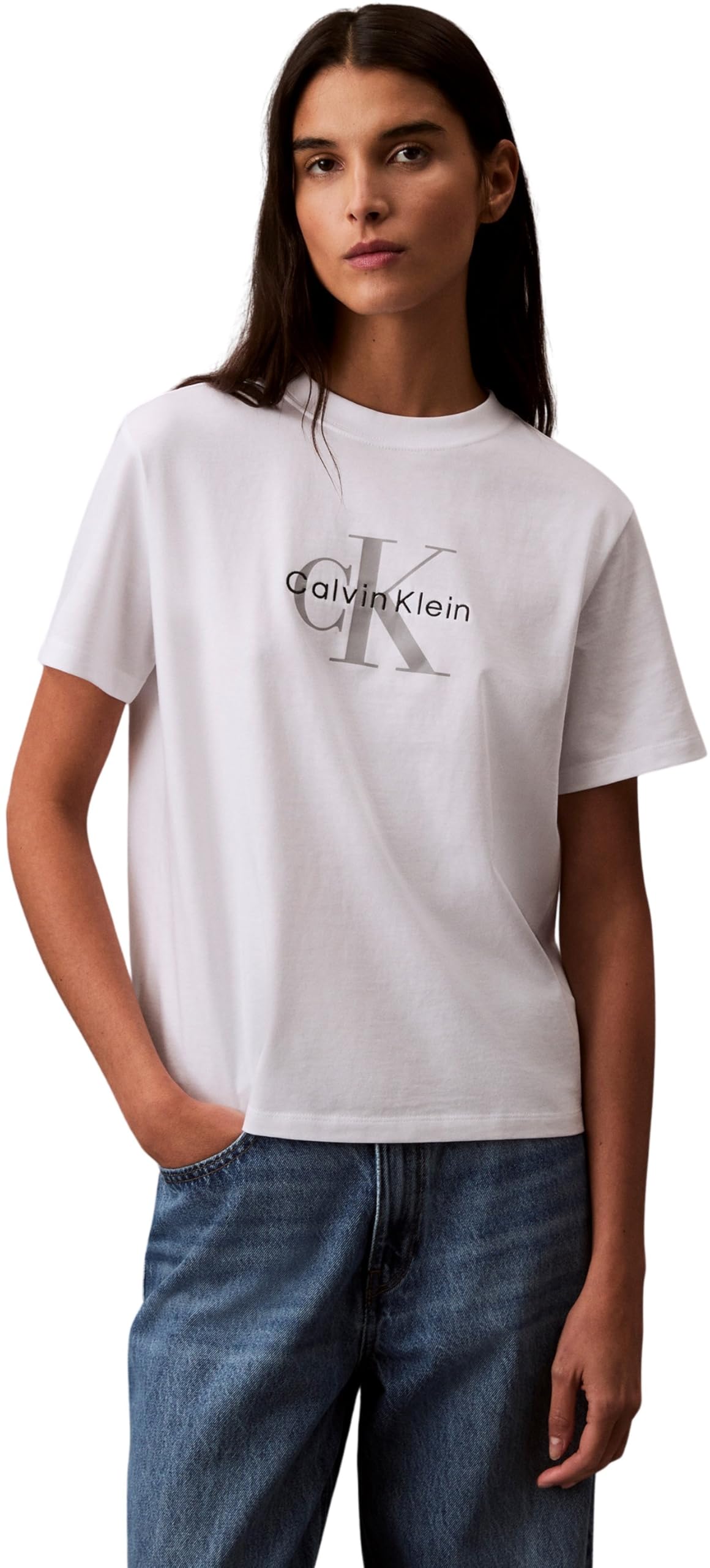 Calvin Klein Camiseta de Manga Corta Mujer Hero Classic Monologo tee con Cuello Redondo, Blanco (Brilliant White), L