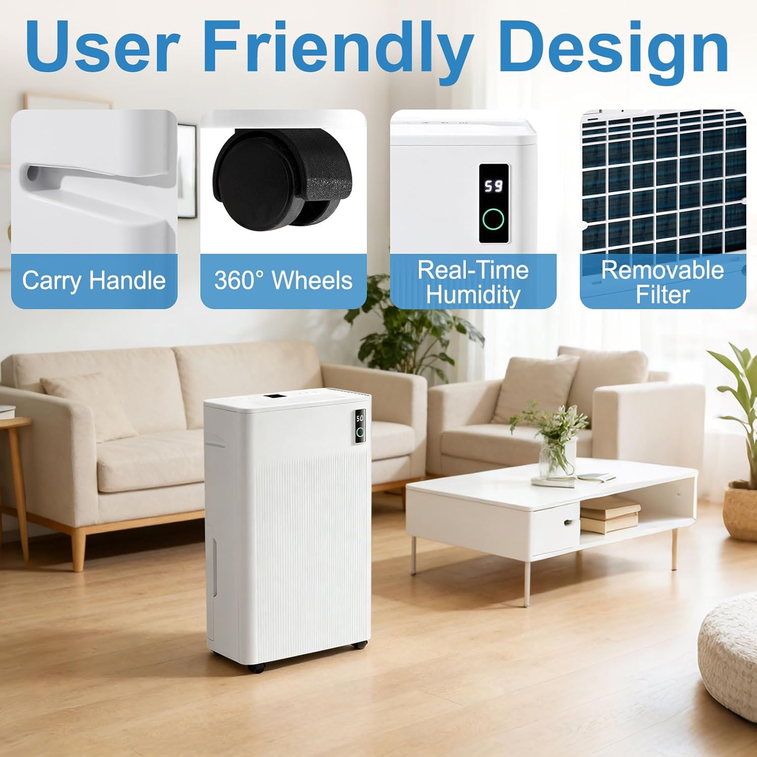 DOGHLY 50 Pints Dehumidifier for Home Basement up to 4000 Sq.Ft, Portable Dehumidifiers with 1.7 Gal Water Tank and Drain Hose, Sleep Mode, Timer, Dul-LED Display, Quiet Dehumidifier for Bedroom