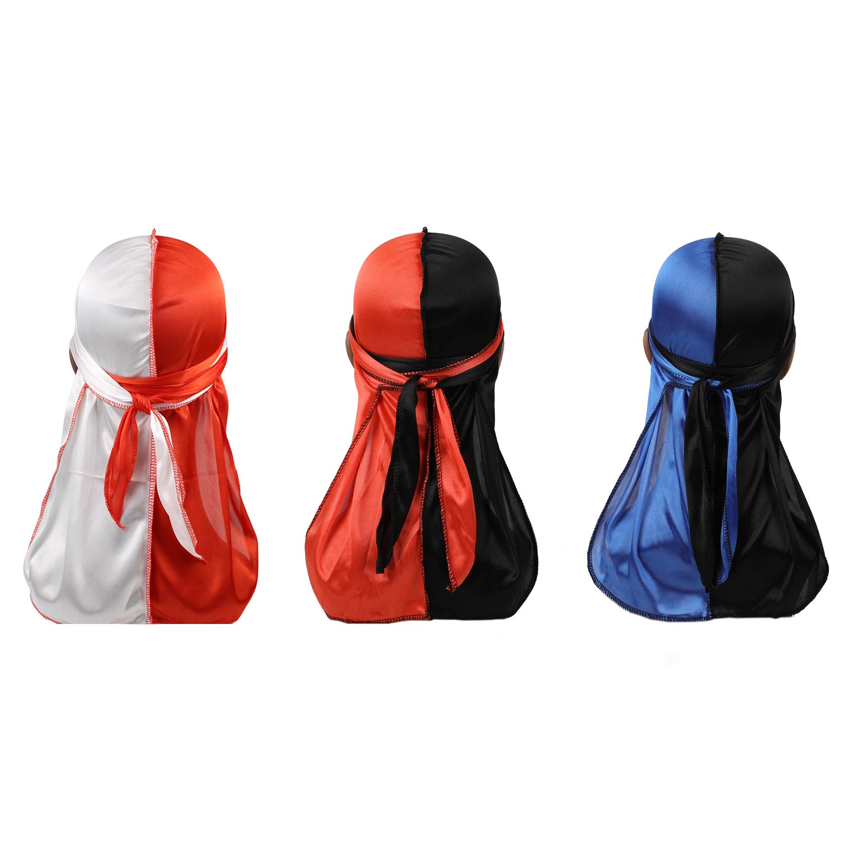 Deepth 3PCS Two Tone Silky Durags Satin Doo Rag 360 Waves with Long Tail Wide Straps for Men