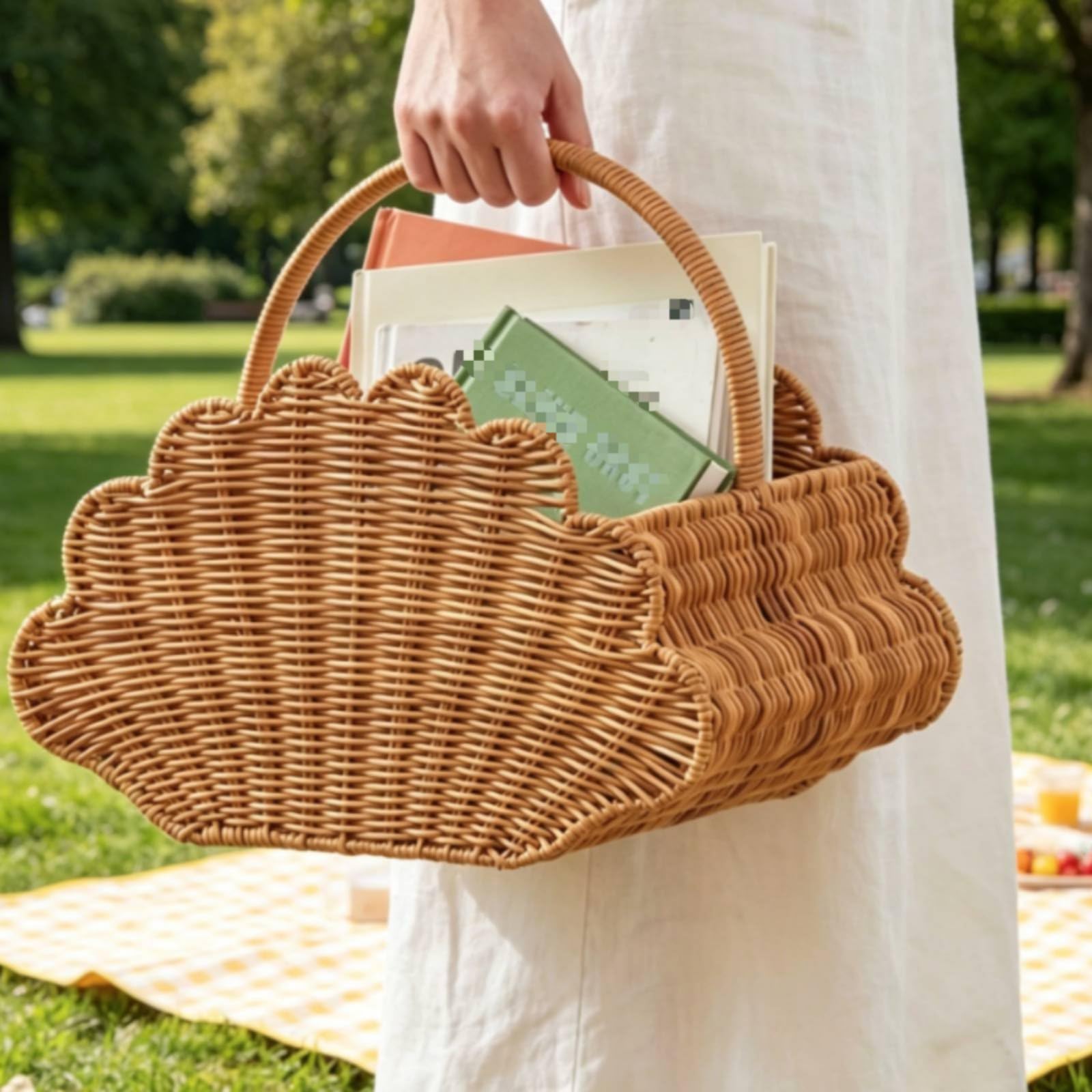 Cesto Portatile Intrecciato Cesta Organizzazione Contenitore Vimini Portariviste Imitazione Rattan con Manico Solido Adatto per Picnic Soggiorno Cucina Camera dei Bambini Ufficio