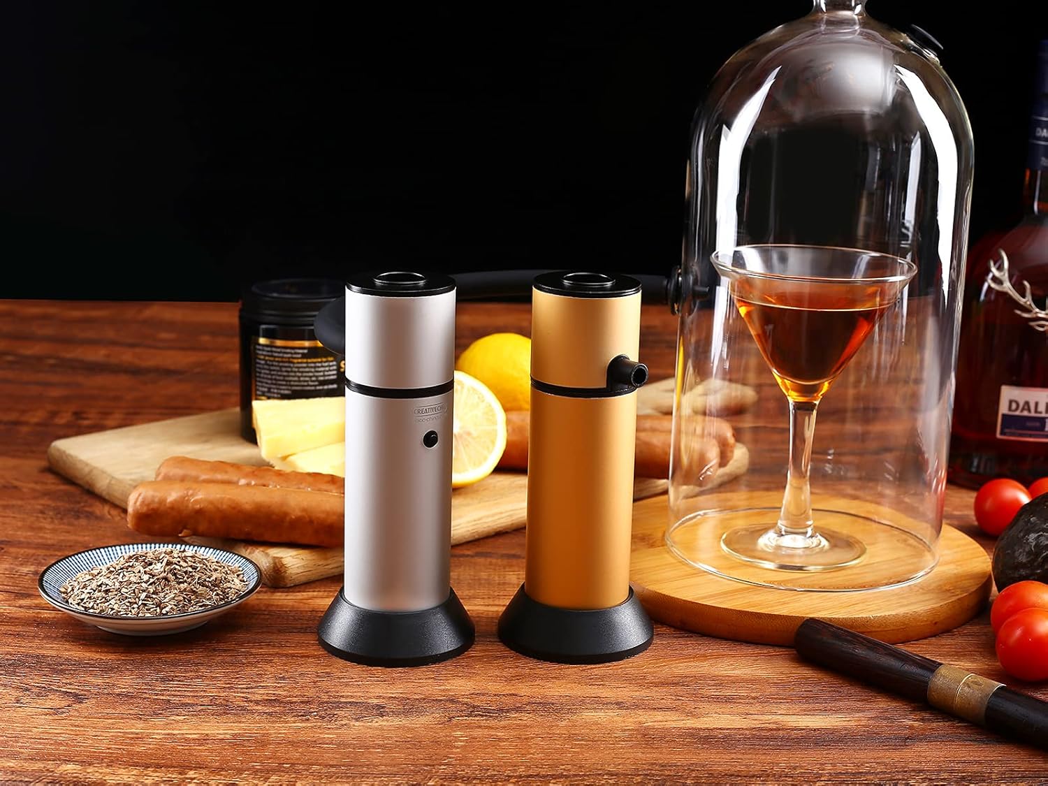 CREATIVECHEF Cocktail Smoker Universal Kit, Smoking Gun, Protable Cold Smoker Gun with Glass Dome and Wood Chips, Smoker Infuser for Cocktails, Whisky, Meat, Food and ect, SG16 Kit, Silver