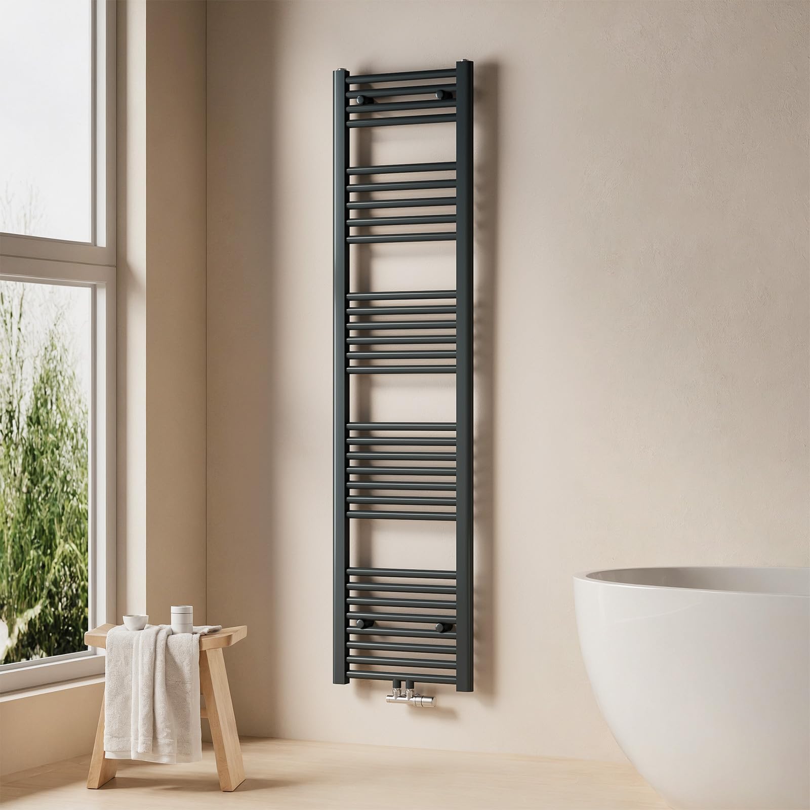 EMKE Scaldasalviette per Bagno 1600x400 mm, Antracite, 547W | Scaldasalviette a Collegamento Centrale, Radiatore per Bagno, Riscaldamento per Asciugamani, Installazione facile