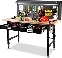 MUWOOD 60" Heavy Duty Workbench with Drawers, Pegboard, Power Outlets & LED Strip Light - 2000 lbs Adjustable Garage Table