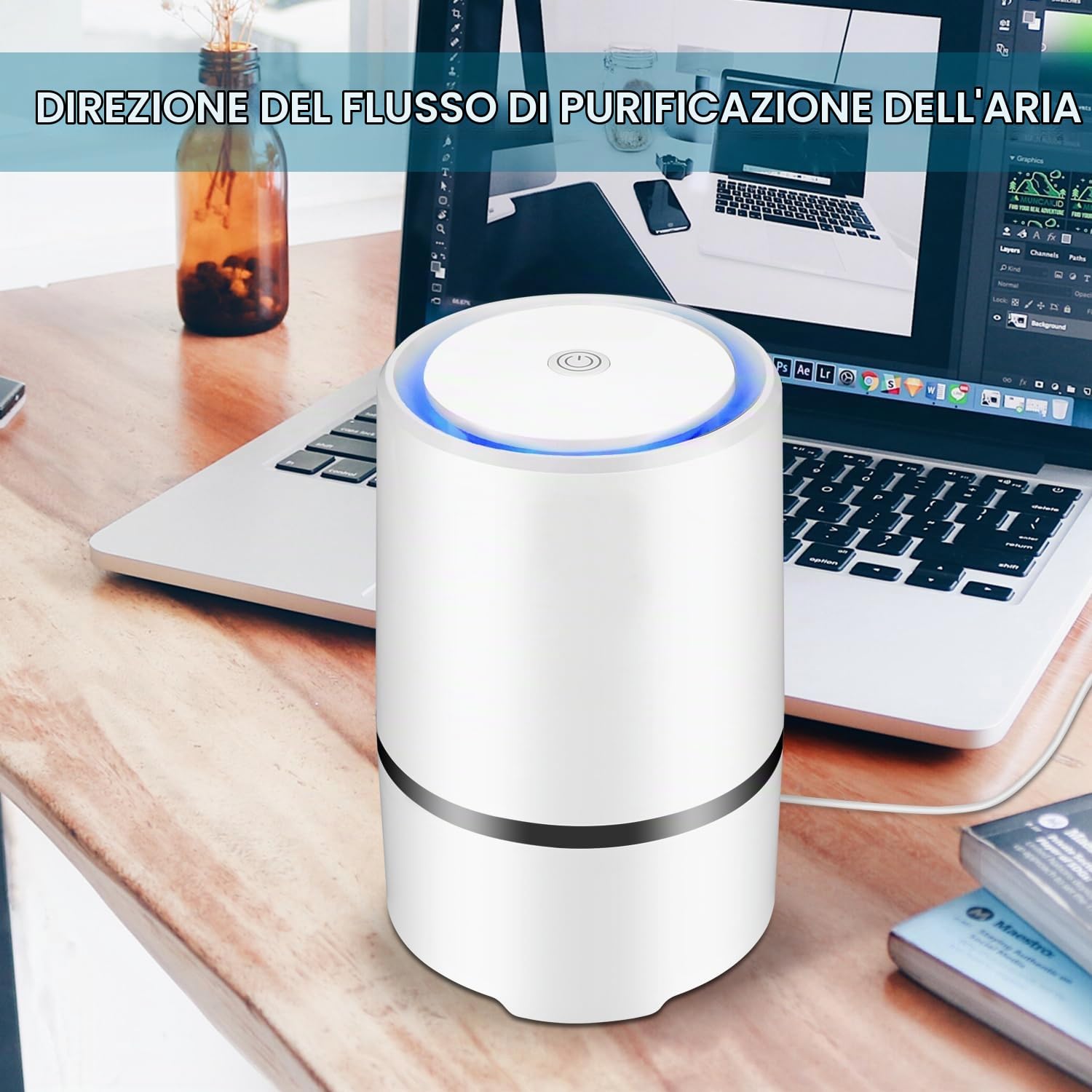 Home Depuratore d'aria Filtro dell'aria con luce notturna a LED, sterilizzatore d'aria sterilizzatore d'aria desktop per rimuovere la polvere di formaldeide PM2,5, allergeni, polline, fumo,
