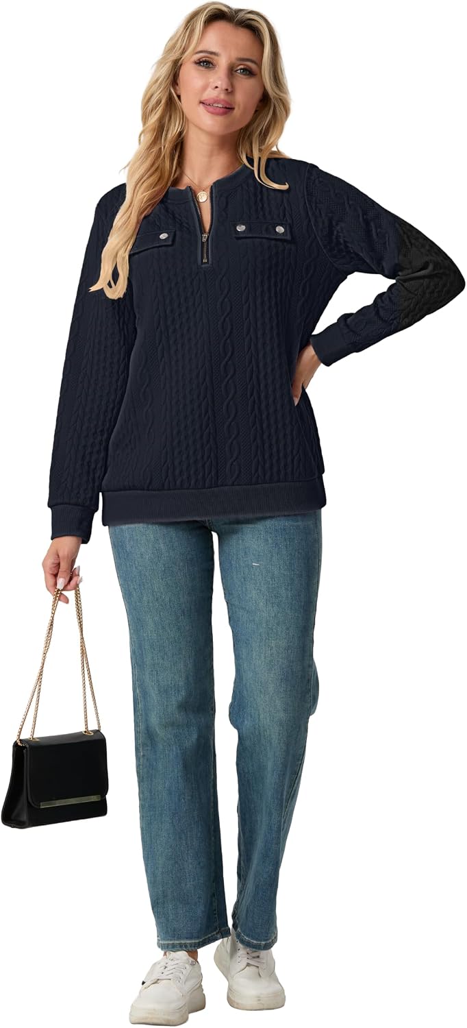 Womens Sweatshirts Casual Crew Neck Long Sleeve Quarter 1/4 Zip Quilted Pullover Lightweight Textured Solid Fall Tops