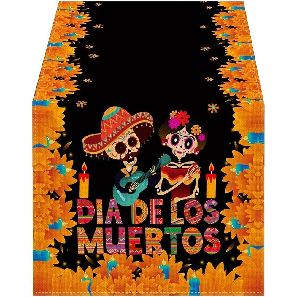 Sanfly Mexican Day of the Dead Table Runner Mexico Dia De Los Muertos Sugar Skull Table Cover for Dining Room Kitchen Home Fireplace