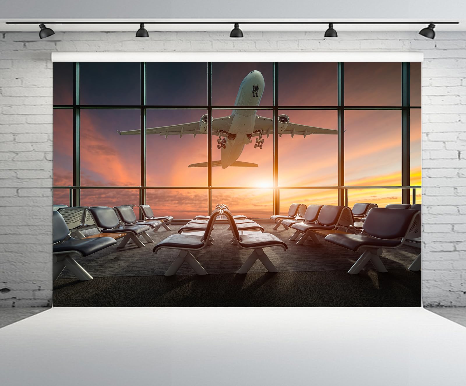 CHNYWORK 8ftx6ft Airport Terminal Backdrop for Photography Airplane Departure at Sunset Background Travel Plane Theme Party Decor Pilot Birthday