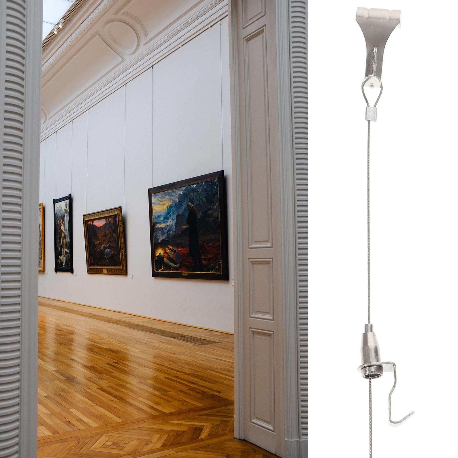 BESTonZON Set 10 Ganci per Quadri in Acciaio Inossidabile Regolabili per Filo Appendiquadri da Parete, Kit per Appendere Opere D'arte Capacità 30kg Colore Argento