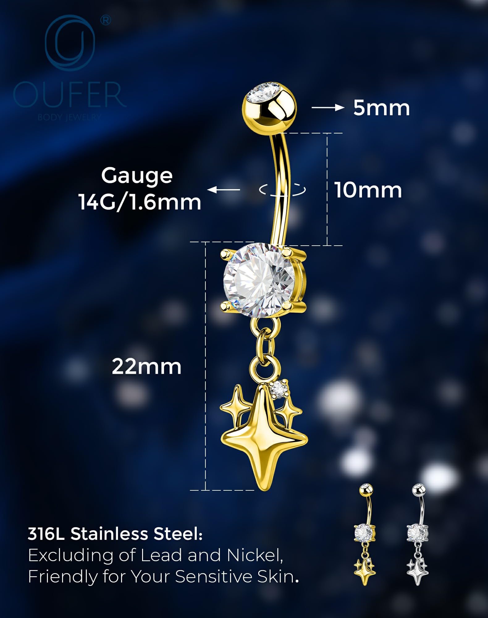 OUFER Body Piercing Belly Bar: 14G 316L Stainless Steel Navel Ring Star Dangle CZ Navel Piercing Jewellery Gold/Silver 1.6mm/10mm Belly BUtton Rings for Beach Party Women - 4