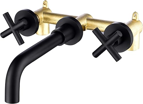 CIENCIA Grifo para lavabo de baño, grifo de montaje en pared, color negro, latón de doble manija, grifo mezclador de lavabo, BB6083B