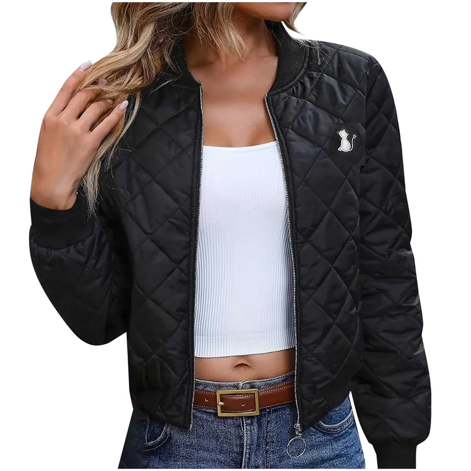 Genérico Chaqueta Termica Mujer Elegante,Chaqueta De Mujer OtoñO E Invierno Nueva Chaqueta Acolchada De BéIsbol De Corte Entallado A Cuadros Con Cuello Alto
