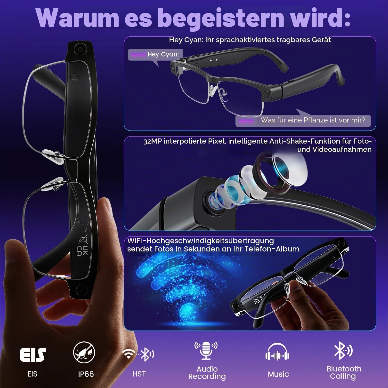 AI Smart Glasses mit 8MP HD Kamera, Smart Brille mit 1200P Video–Wechselbare Gläser, KI Brillen mit Bluetooth 5.4, 3000mAh, Live-Übersetzung, Objekterkennung für Reisen, Büro und Radfahren