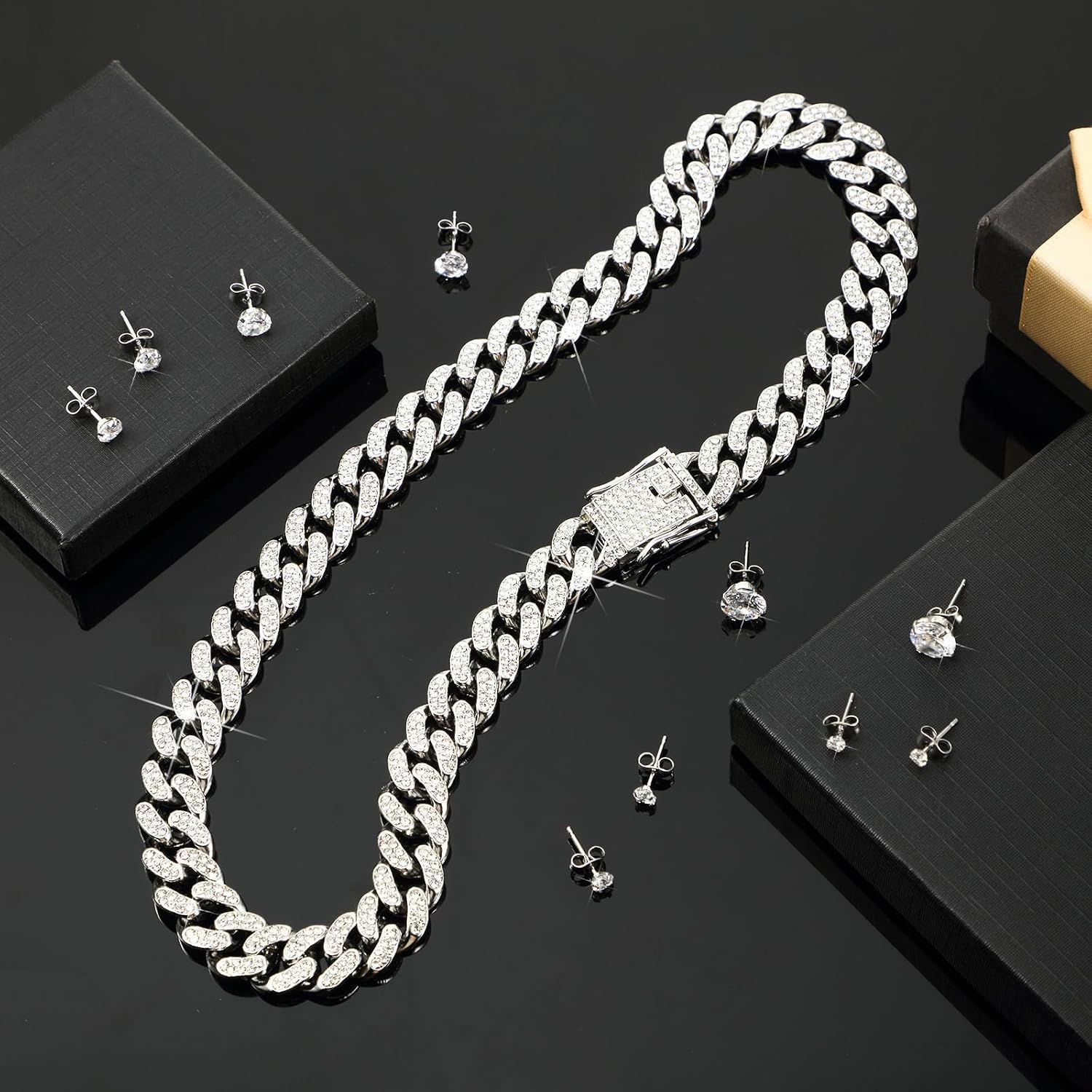 Batiyeer 6 Pcs Hip Hop Cuban Jewelry Set 13mm Diamond Cuban Link Necklace Stud Earrings for Women Men Fake Jewelry Gift(16 Inch) - Image 2