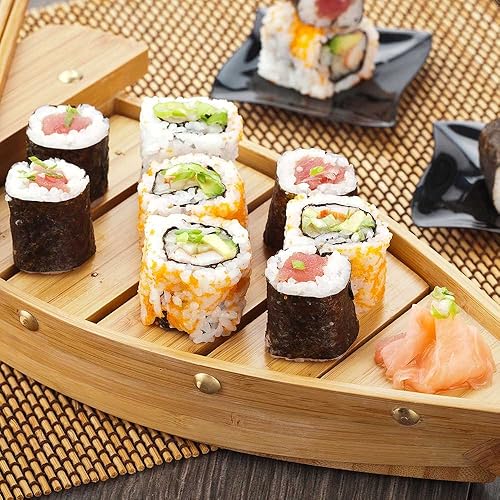 Miniatura 6 de Restaurantware Bandeja de sushi de 17.3 pulgadas, 1 bote de sushi duradero, resistente y fácil de limpiar, barco de madera de bambú grande para