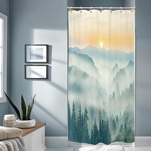 Miniatura 15 de Riyidecor Cortina de ducha de montaña verde rústica para baño, paisaje de bosque, paisaje, tela impermeable, paisaje alpino, decoración de baño