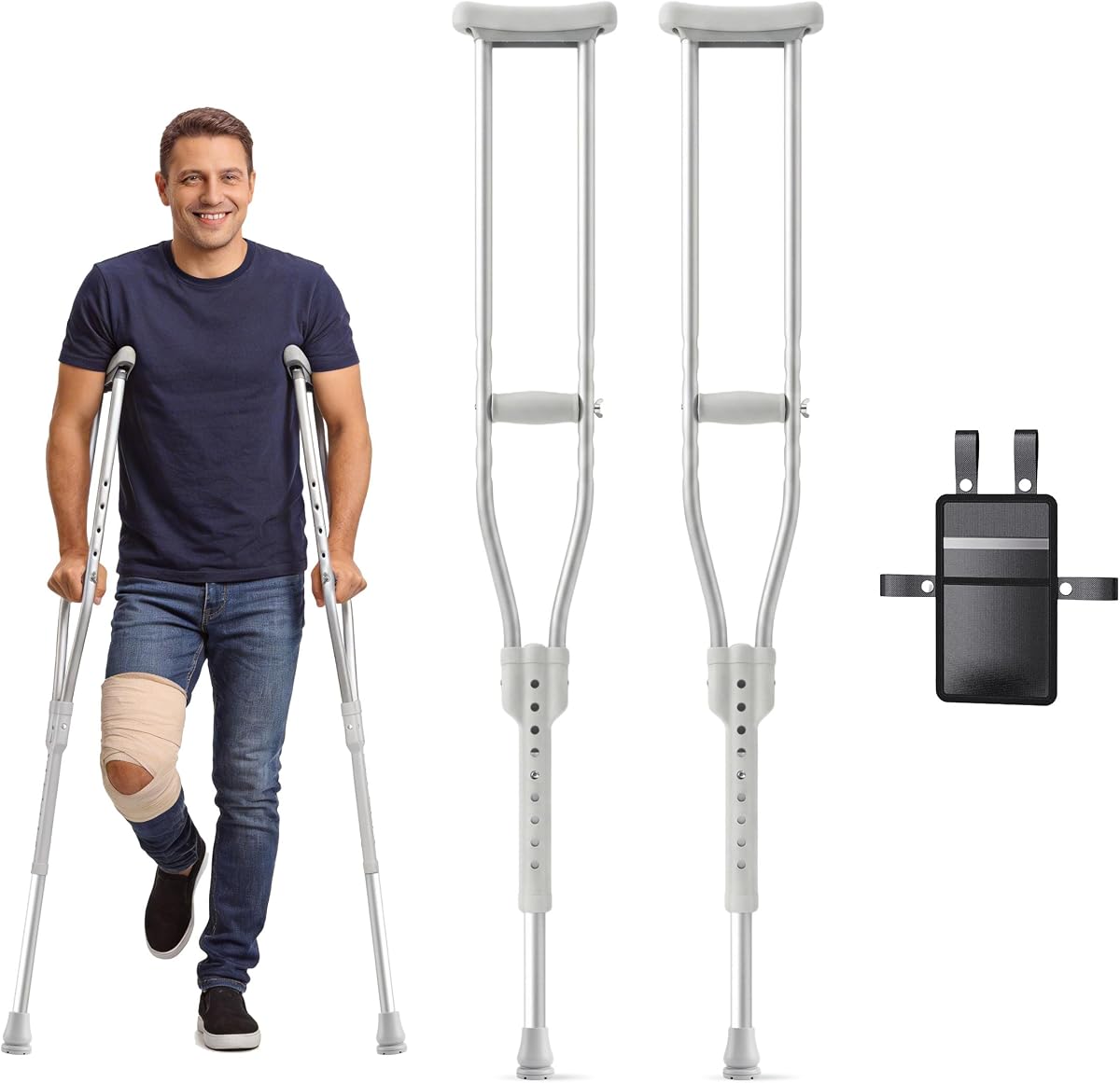Aluminum Crutches for Adults & Seniors, Adjustable Crutches for Walking, Comfortable Lightweight Crutch with Underarm Pad and Crutch Bag & Hand Grip, 300 LB Weight Capacity, 1 Pair