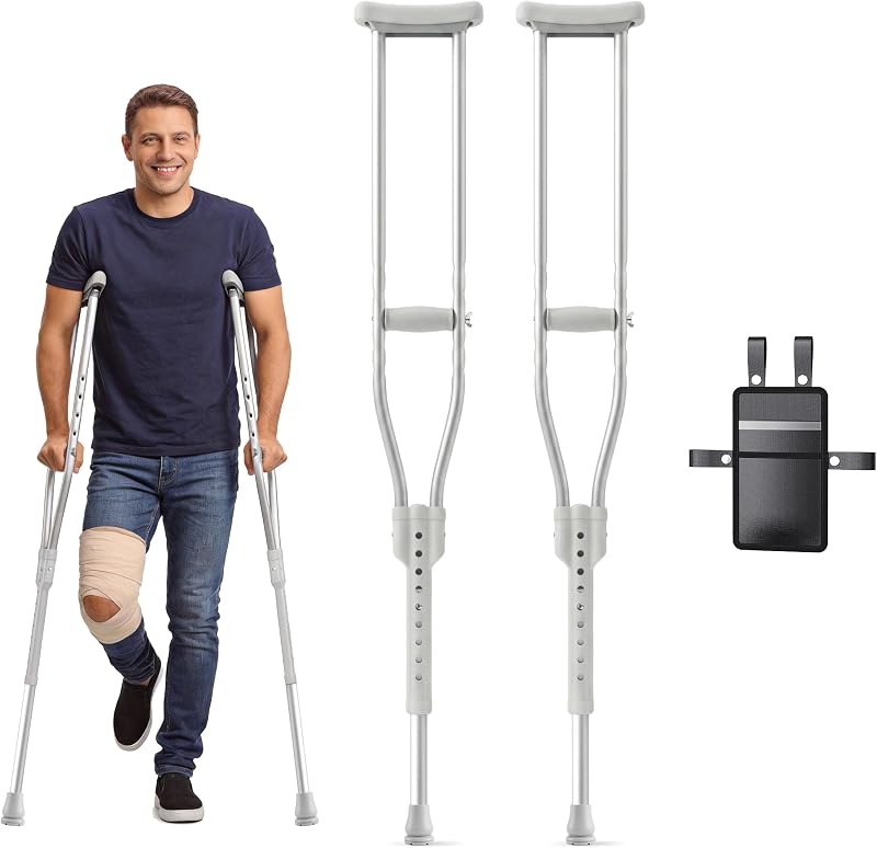 Aluminum Crutches for Adults & Seniors, Adjustable Crutches for Walking, Comfortable Lightweight Crutch with Underarm Pad and Crutch Bag & Hand Grip, 300 LB Weight Capacity, 1 Pair