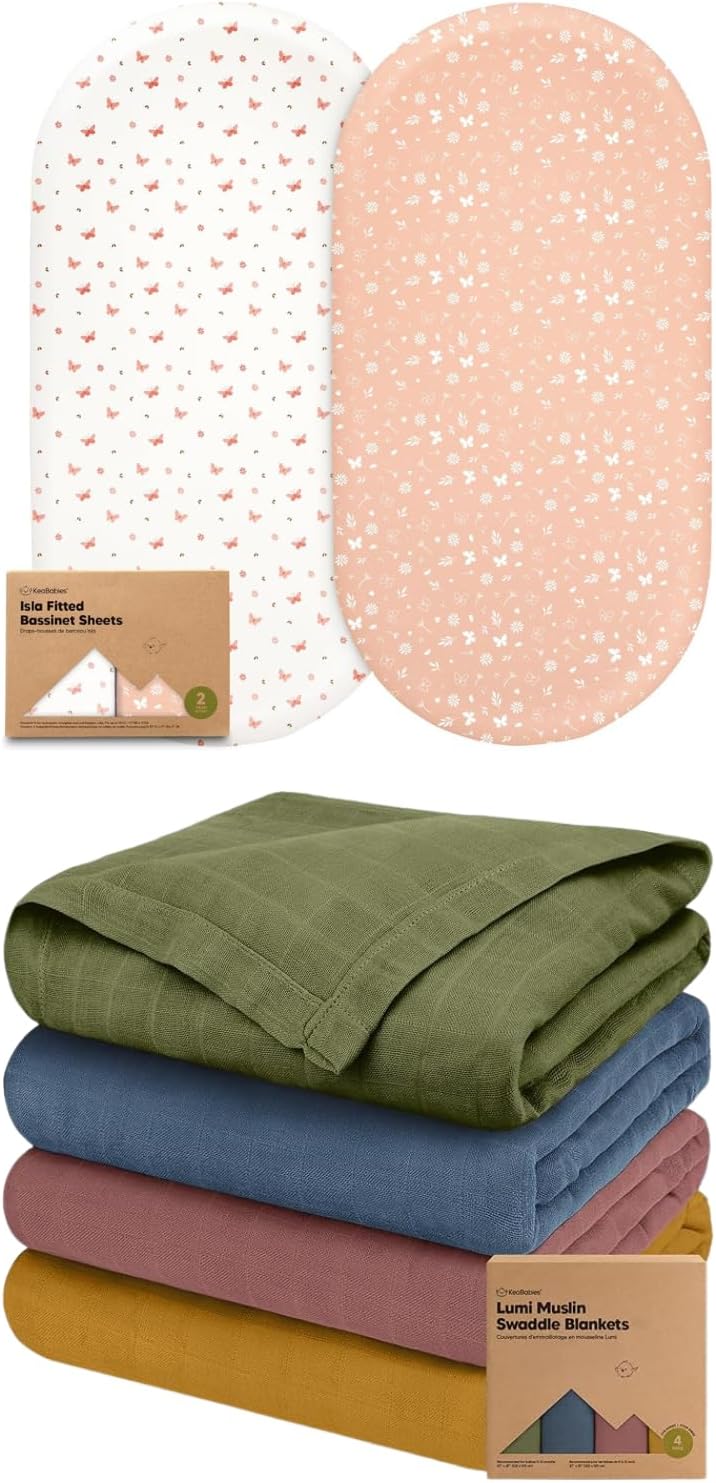 Keababies 2-Pack Bassinet Sheets for Girls, Boys and 4-Pack Muslin Swaddle Blankets for Baby Boys, Girls - Bassinet Mattress Sheets - Baby Blankets, Newborn Receiving Blanket