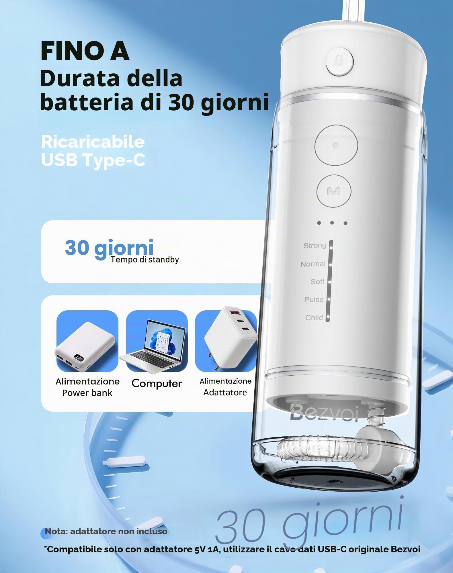 Bezvoi Idropulsore Dentale Portatile Senza Fili, 180ml Irrigatore Orale con 5 Modalità, IPX7 Impermeabile, Ricaricabile, Facile da Usare, Pulizia Profonda per Denti e Gengive, Blanc