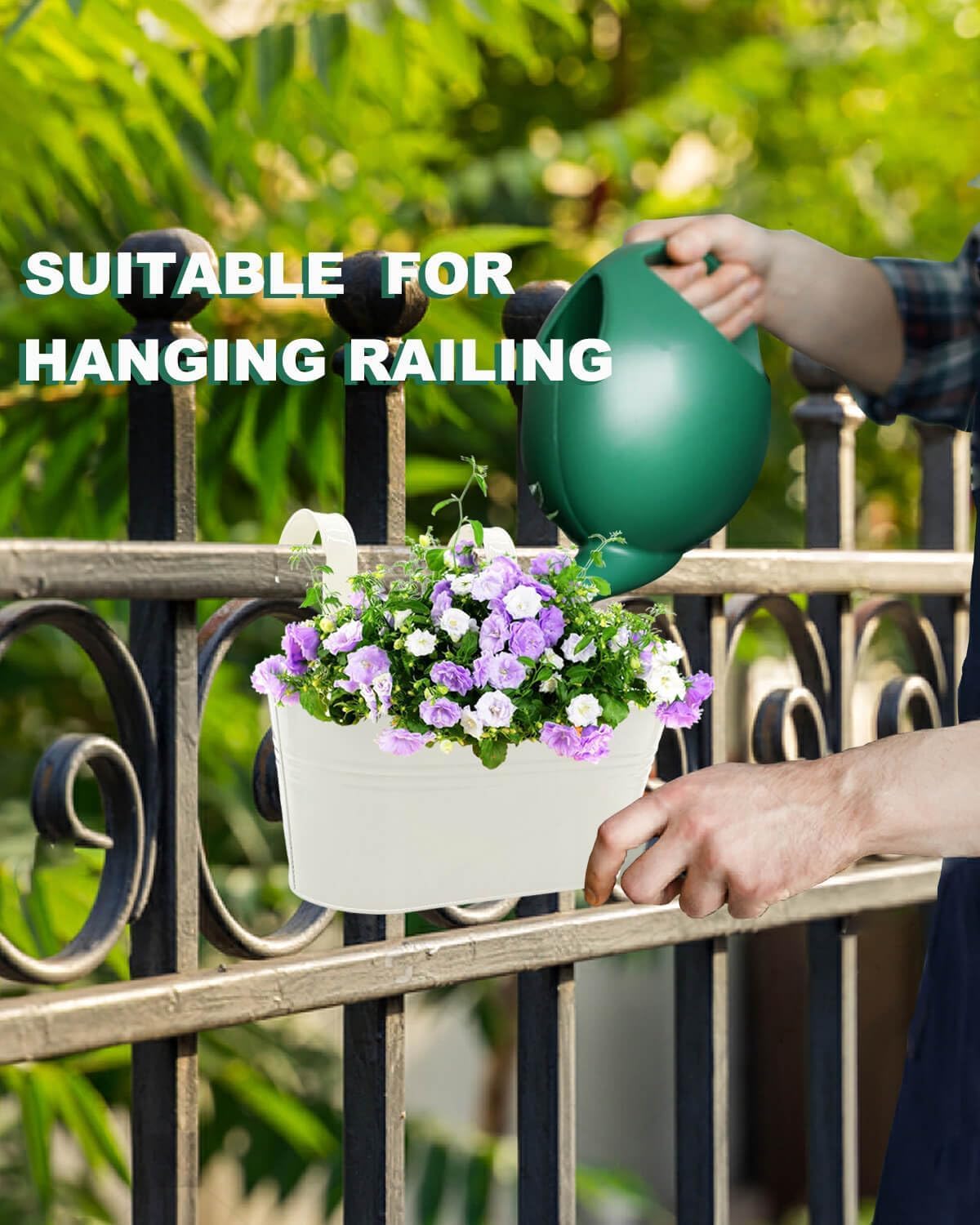 vensovo 8 Pcs Metal Railing Planters Set, 10.8" Oval & 3.9" Round Hanging Flower Pots with Detachable Hooks, White Fence Planter Baskets for Outdoor Plants, Herbs & Succulents, Garden Decor