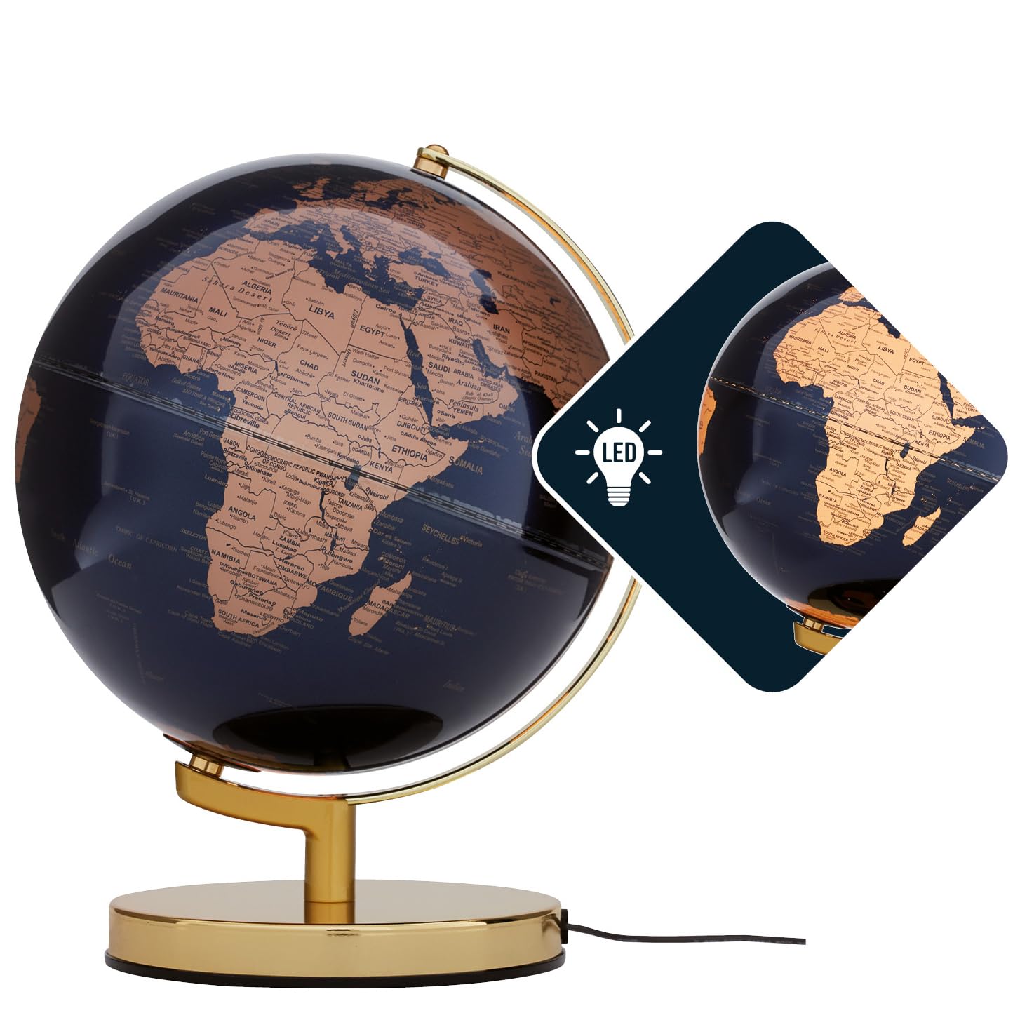 TROIKA Globus beleuchtet 25 cm TERRA LIGHT Licht LED Globus auf antikgoldfarbenem gebürsteten Metallfuß inkl. Ladestecker weicher Filzboden bewegliche Achse in bronzefarben, dunkelblau
