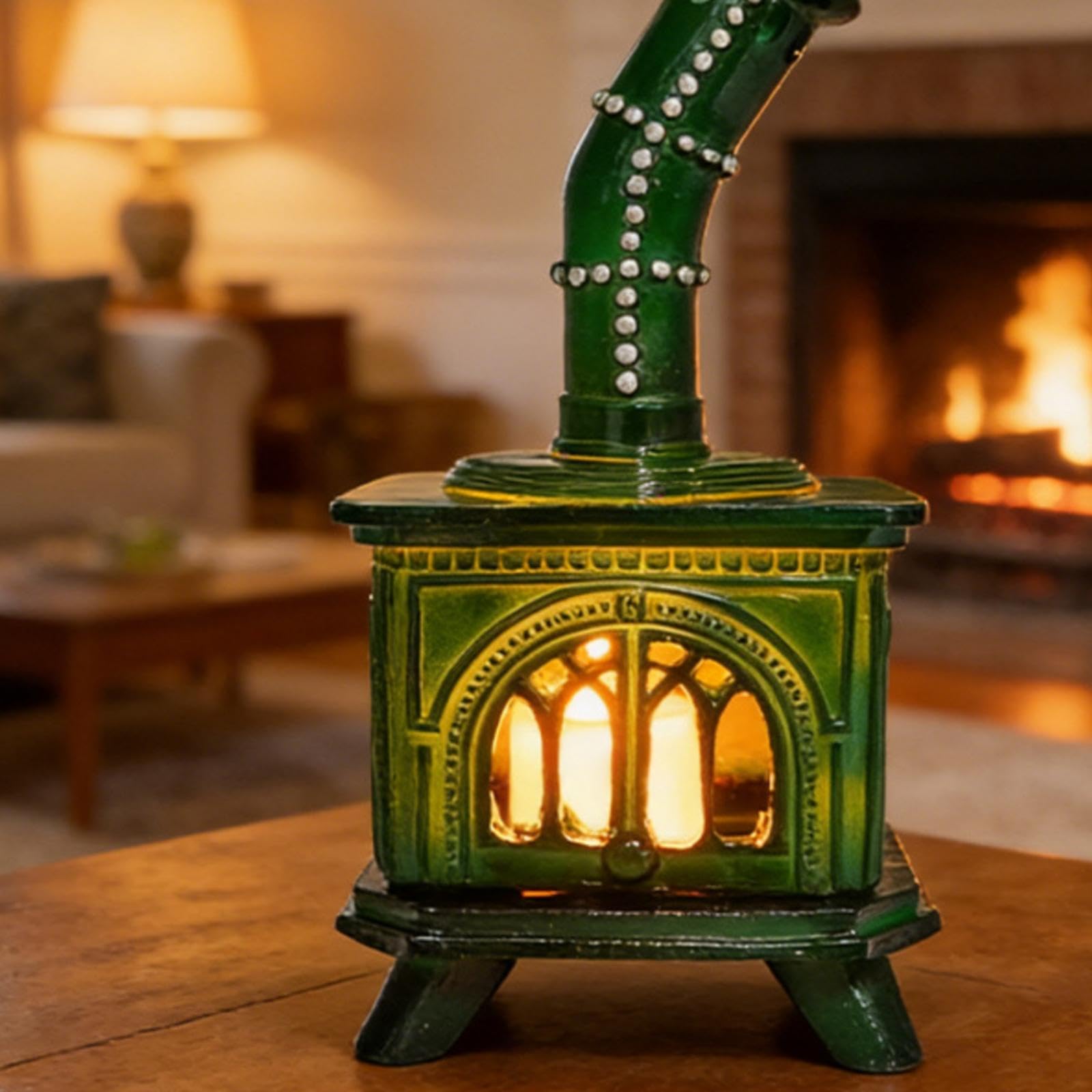 Porta Candele Supporto Ornamento Resina Stufa Vecchio Stile con Candela LED Tremolante Senza Fiamme Perfetto per Decorazione Invernale