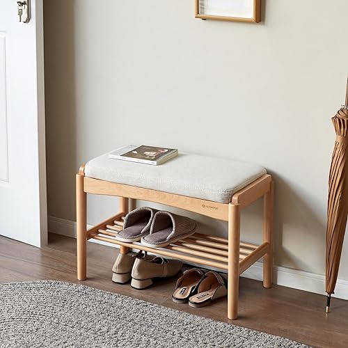 Miniatura 2 de Banco pequeño de almacenamiento de zapatos de madera maciza, banco moderno para zapatos con cojín suave, organizador de entrada y espacios pequeños