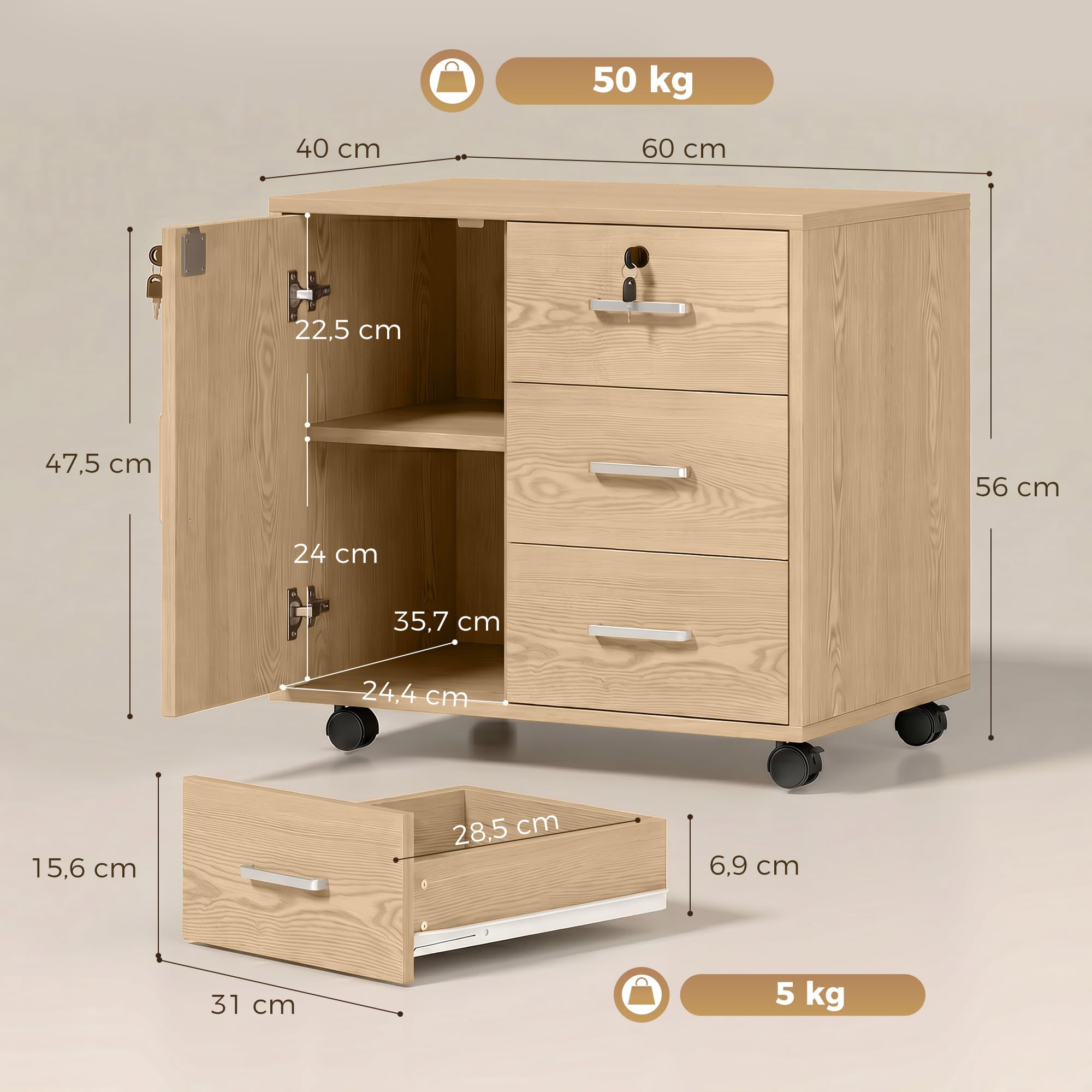 HOMCOM Cassettiera da scrivania con 3 cassetti, 40 x 60 x 56 cm, colore: Marrone | Armadietto portaoggetti regolabile per ufficio, ruote