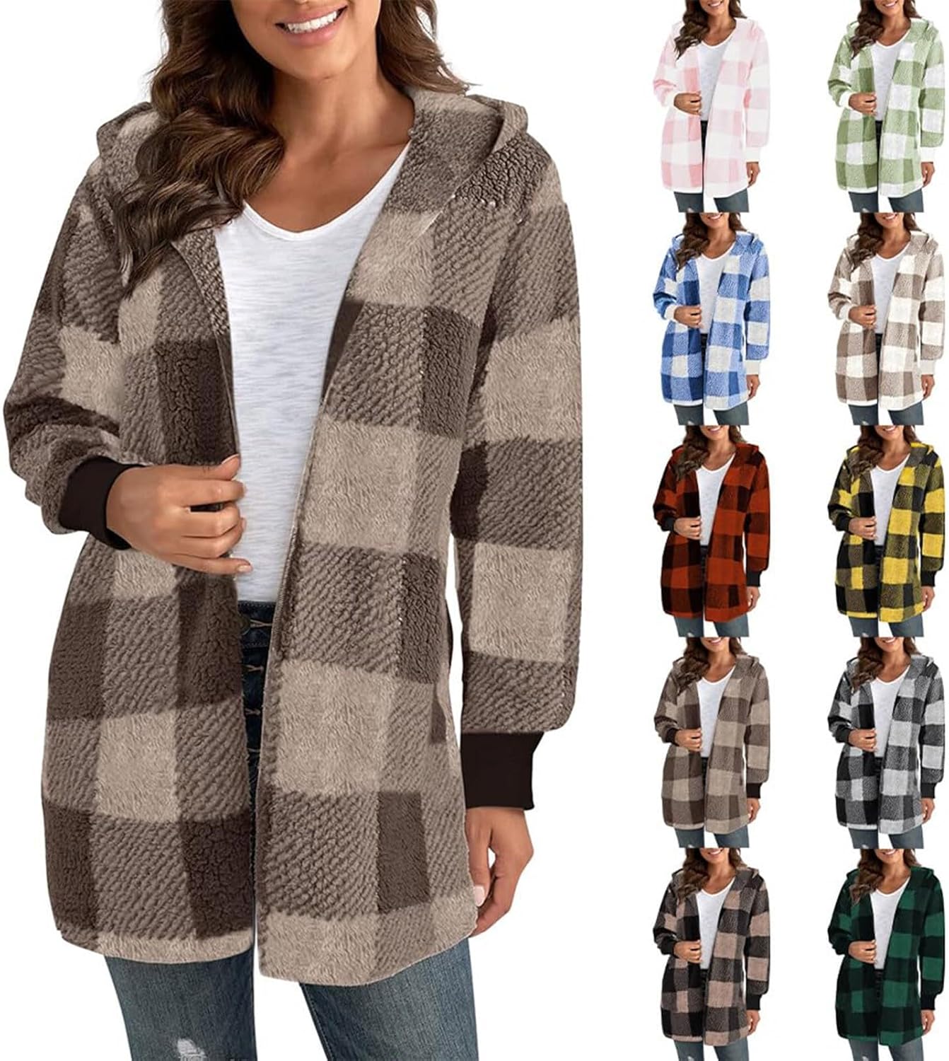 Long Winter Coats for Women Warm Shaggy Hooded Plaid Coat