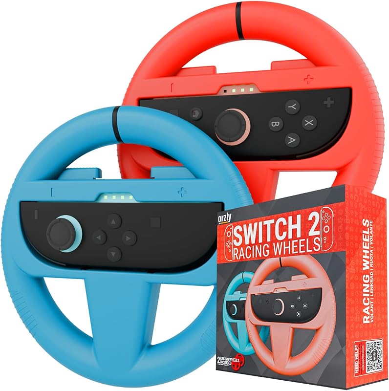 Volantes Orzly compatibles con Nintendo Switch 2 (consola 2025), paquete doble de accesorios para volantes de carreras para controladores Joy Con y juegos de carreras MarioKart (1 rojo, 1 azul) en caja de regalo