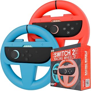 Orzly Steering Wheels Compatible with Nintendo Switch 2 (2025 Console) Twin Pack Racing Wheel Accessories for Joy Con Controllers and MarioKart Racing Games (1 Red 1 Blue) Gift Boxed