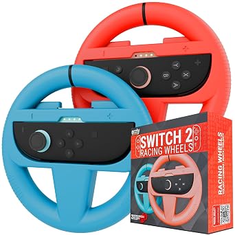 Orzly Steering Wheels Compatible with Nintendo Switch 2 2025 Console Twin Pack Racing Wheel Accessories for Joy Con Controllers and MarioKart Racing Games 1 Red 1 Blue Gift Boxed