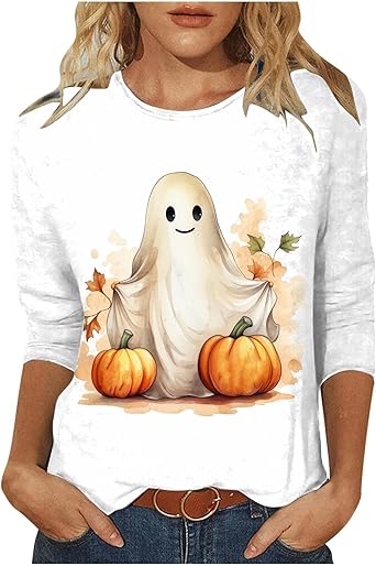 Halloween Shirts for Women 3/4 Sleeve Plus Size Crewneck Loose Fit Cute T Shirt Halloween Costumes for Women 2025