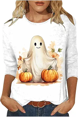 Halloween Shirts for Women 3/4 Sleeve Plus Size Crewneck Loose Fit Cute T Shirt Halloween Costumes for Women 2025