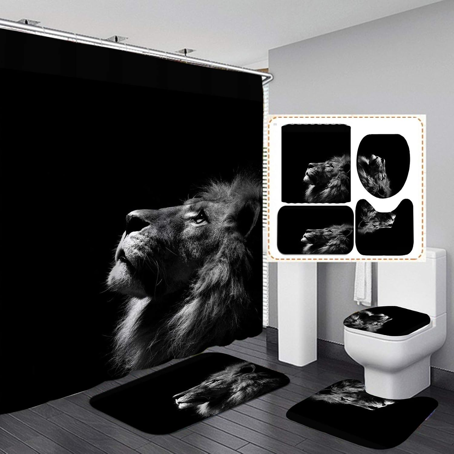 Fashion_Man 4PCS/Set Black Lion Shower Curtain, Powerful Majestic Lion King of The Jungle African Wildlife Wild Animal Bathroom Decor, Non-Slip Bathroom Floor Mat Soft Toilet Rug Bath Carpet, Style 3