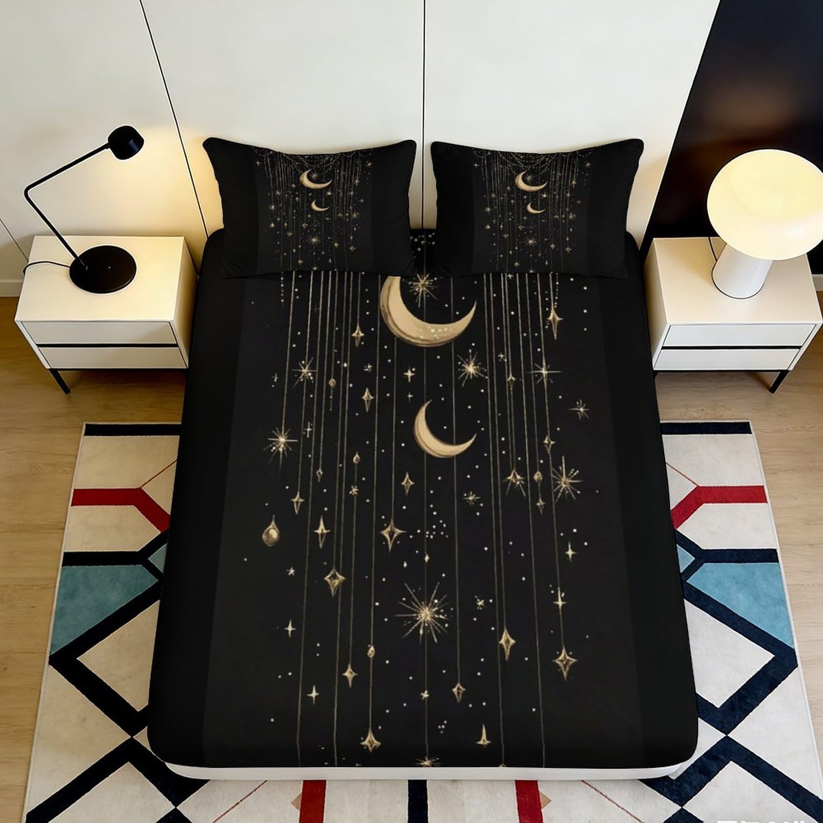 3D Printed Celestial Moon Fitted Sheet Microfiber Soft Breathable Starry Sky Bed Cover for Bedroom Dormitory Guest Room Mattress Protection Decor 200x200x25cm