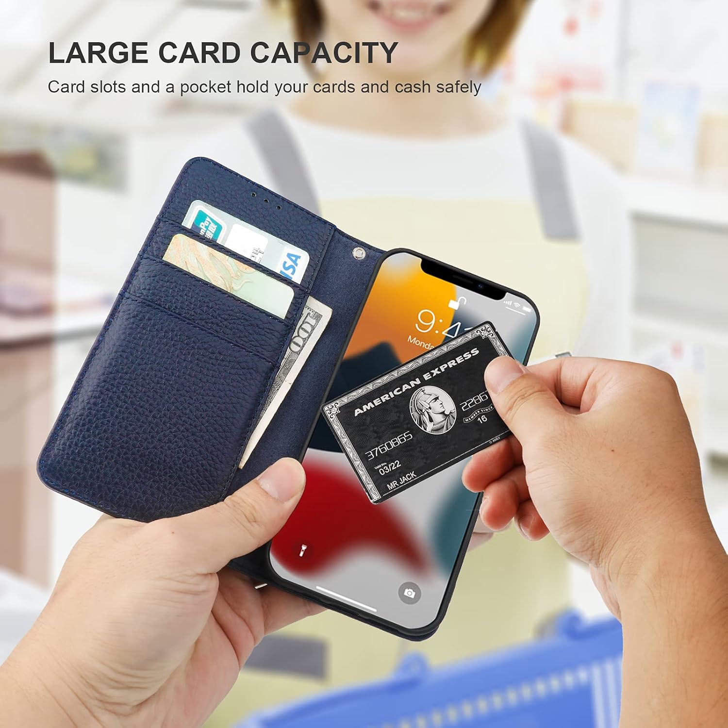 Bocasal Genuine Leather Wallet Case for iPhone 13 5G Wireless Charge RFID Blocking Credit Card Holder Kickstand Folio Flip Protective Cover with Wrist Strap Magnetic Clasp 6.1 Inch(Royal Blue)