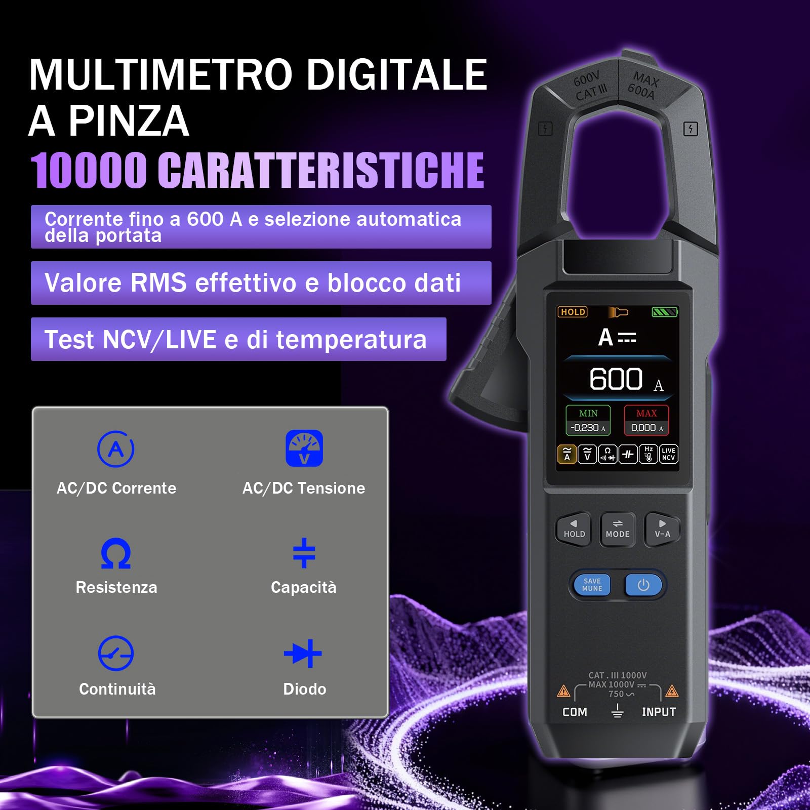 DMC-100 Pinza amperometrica CA/CC, 10000 Conteggi TRMS Multimetro Digitale, 600A Amperometro Ricaricabile con Registrazione Della Curva, Torcia Elettrica, Misura NCV, Resistenza, Capacità, Temperatura
