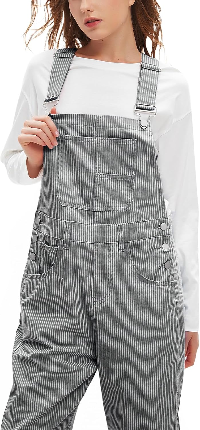 D-Sun Women's Striped Bib Overall Barrel Casual Tapered Overall Pants Wide Leg Adjustable Straps Stretch Jumpsuits - Image 2
