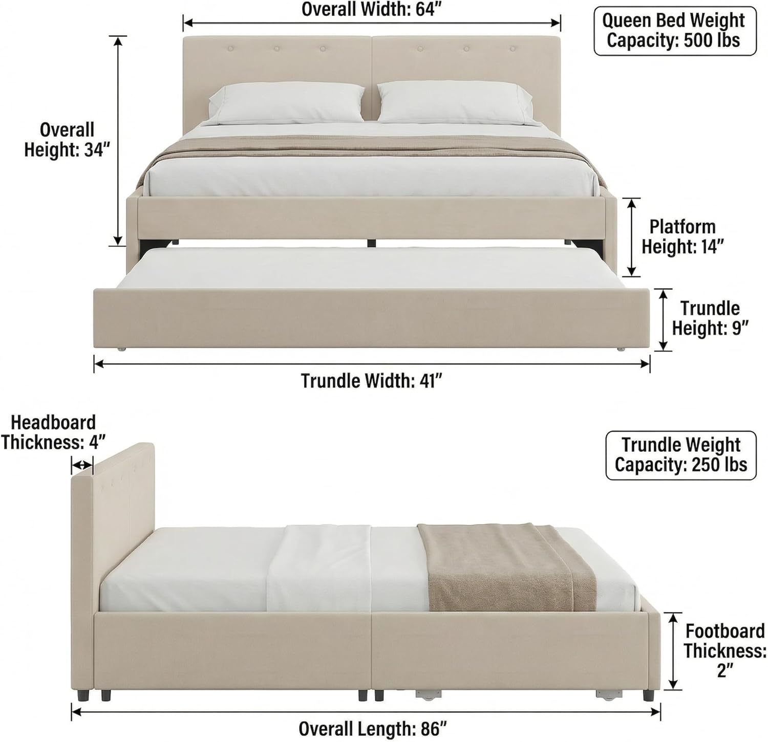 Queen Size Upholstered Platform Bed with Twin Trundle and Built-in USB Ports, Linen Fabric Bed Frame with Cushioned Headboard, Strong Wood Slats, Beige