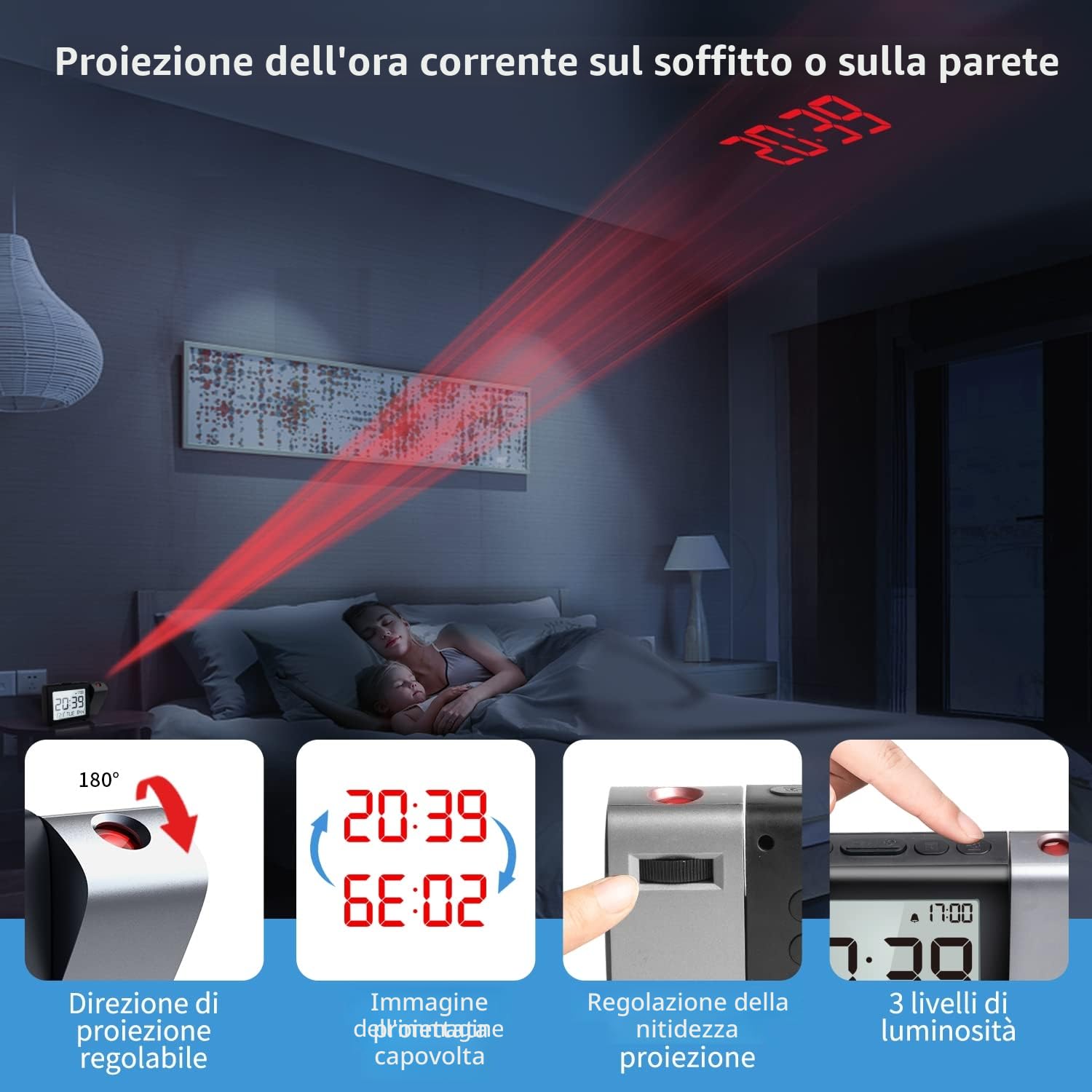Sveglia digitale a proiezione: Digital Clock con temperatura data 12/24H, luminosità e volume regolabili, orologio a batteria per bambini anziani viaggi camera da letto comodino ufficio (Rosso)