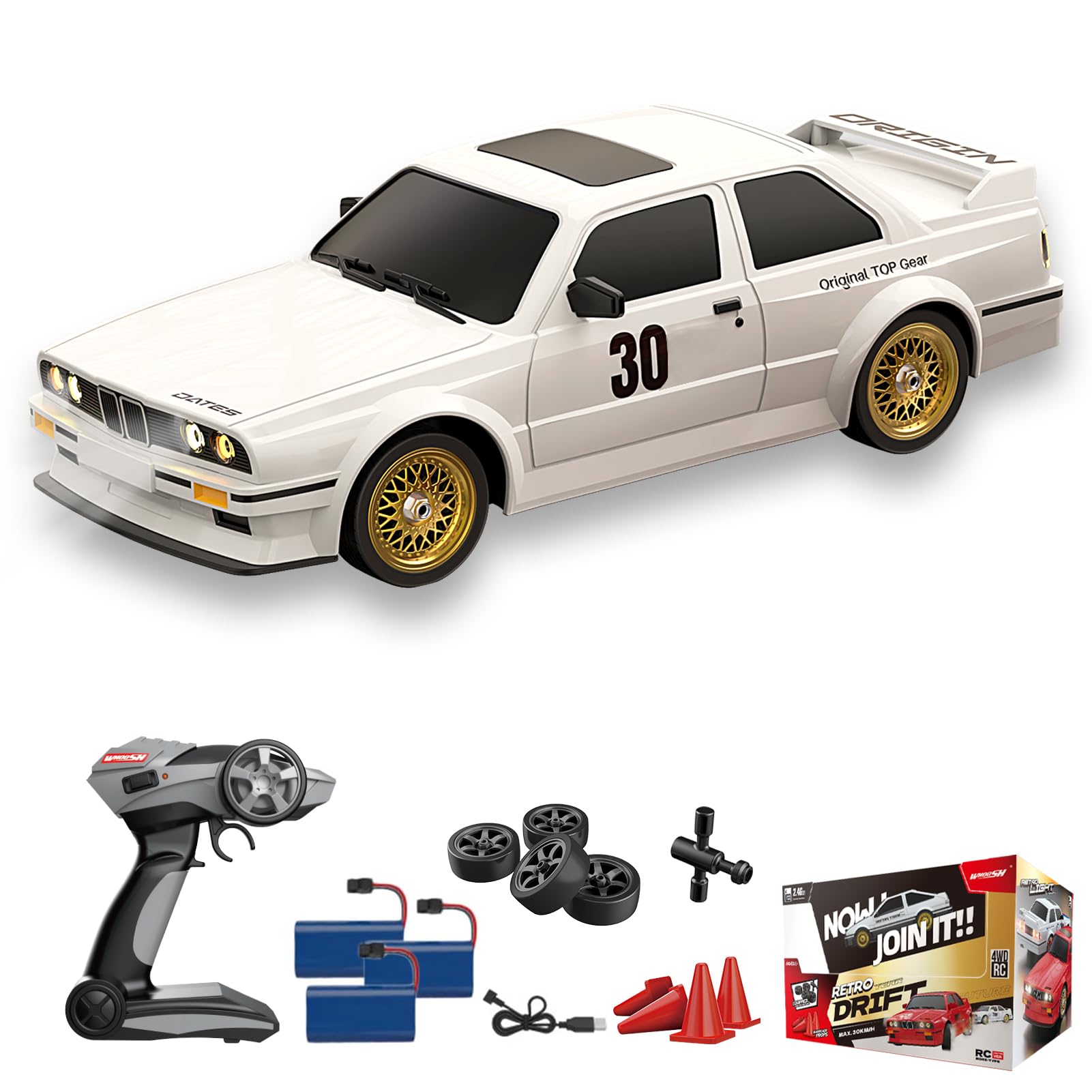 Macchina Telecomandata 2,4 GHz RC Drift Car - 30 km/h, Scala 1/16, Macchina da Drift da Corsa con Luci Anteriori e Posteriori Stile Retrò