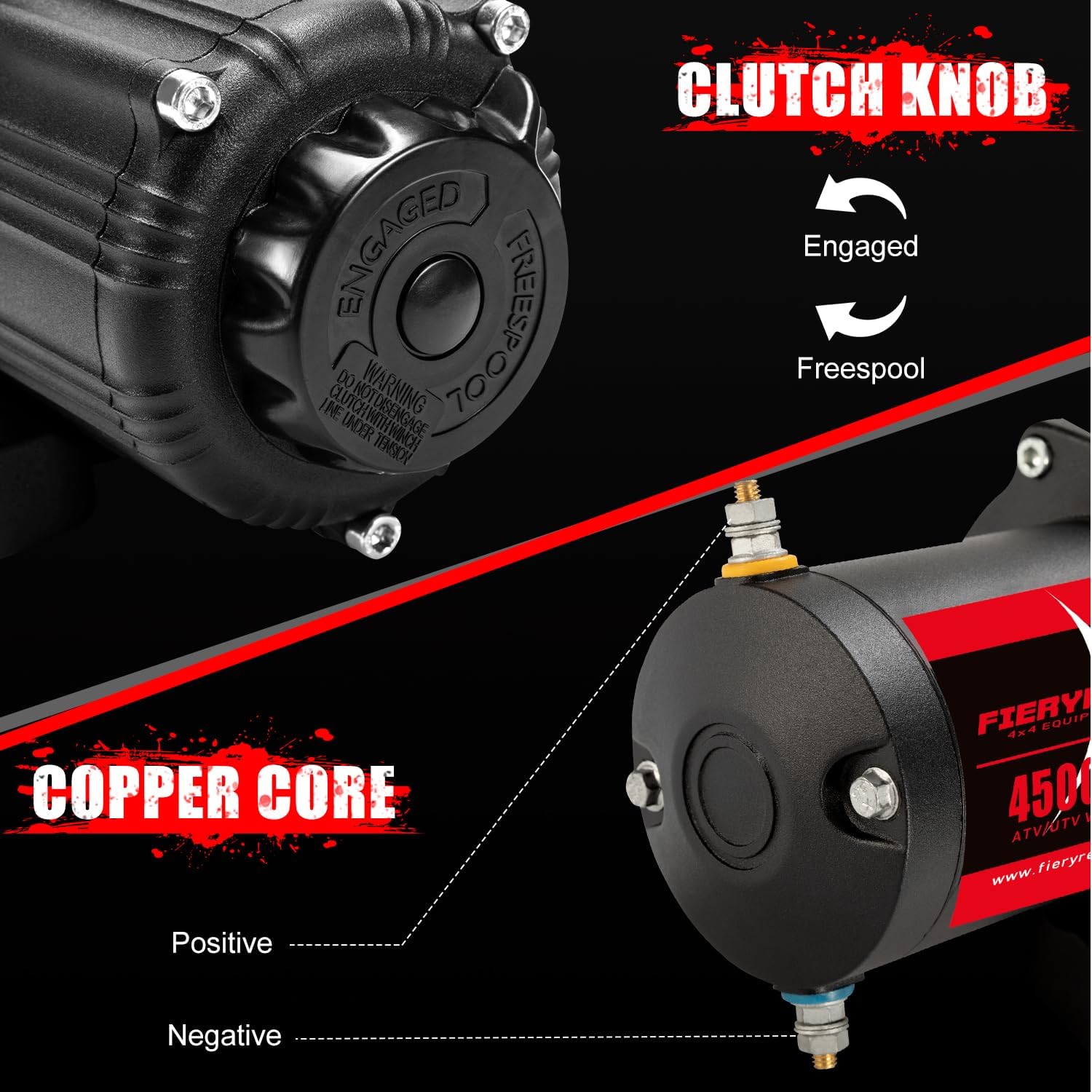 Close-up of winch clutch knob and copper core wiring terminals
