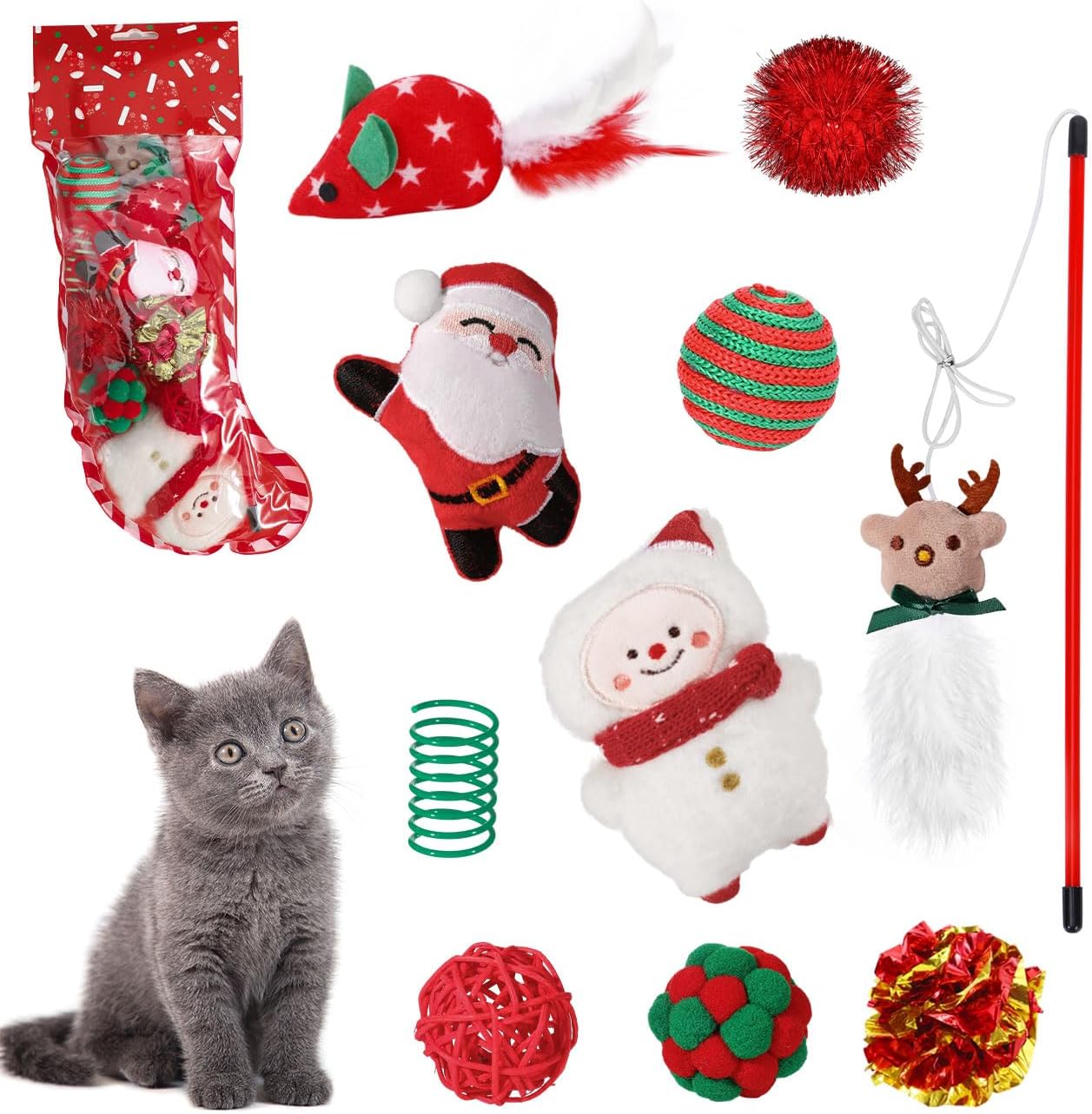 Pawaboo 10 Pieces Christmas Cat Toys, Bulk Cat Toys Assorted, Gift Box