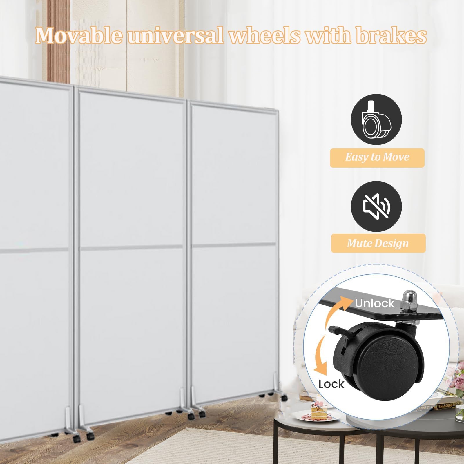 Separador de ambientes plegable portátil con ruedas bloqueables para separación de espacios interiores