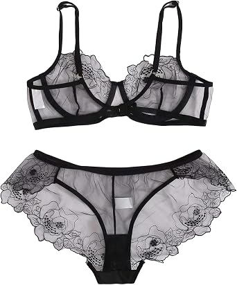 GRAYDREAM Sexy Lingerie Womens Fashion Transparent Mesh Lace Printed Two-piece Bra and Panty Set