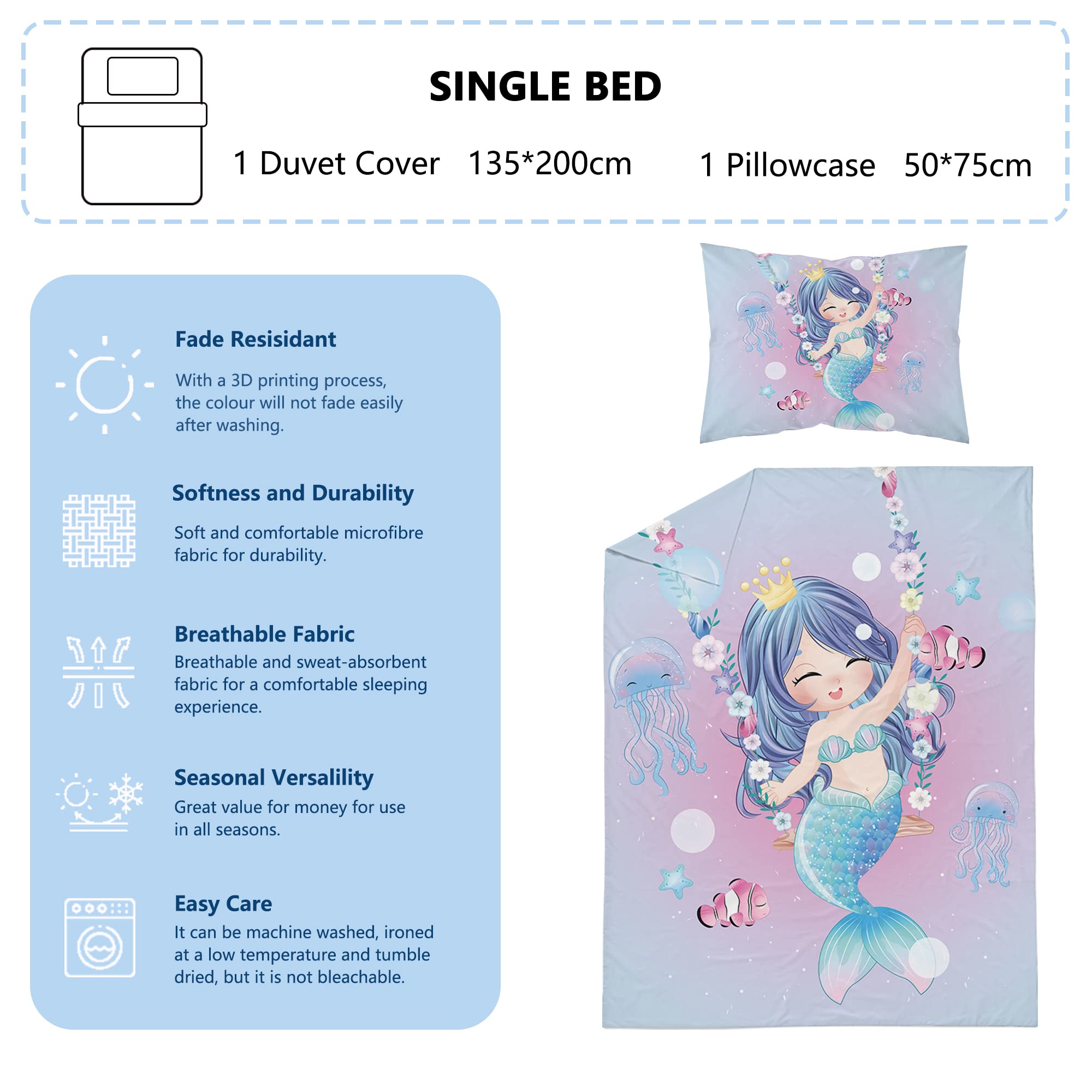 JQinHome Set Biancheria Letto Sirena 6 Pezzi: Copripiumino Double 175x230, Lenzuolo, Federe – Morbido Microfibra Per Ragazze, Tema Coda Di Sirena Glitter