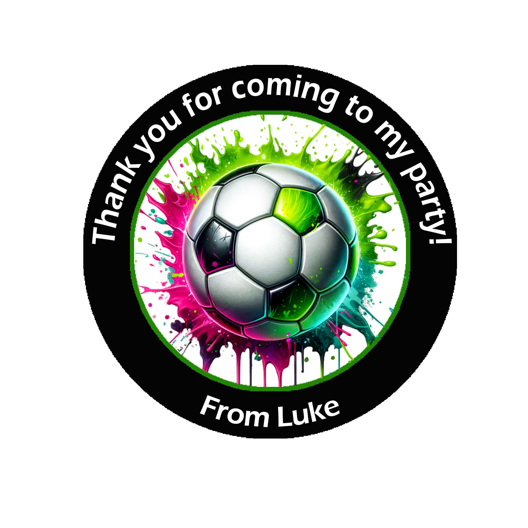 Personalised Football Party Stickers x35 (37mm) Round Labels for Party Bags, Favours or Sweet Cones – Football Themed Birthday Decoration - 35 Black Stickers